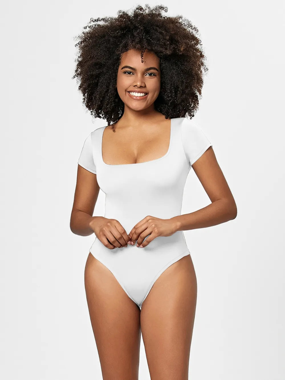 Square-neck short-sleeve bodysuit shown on model