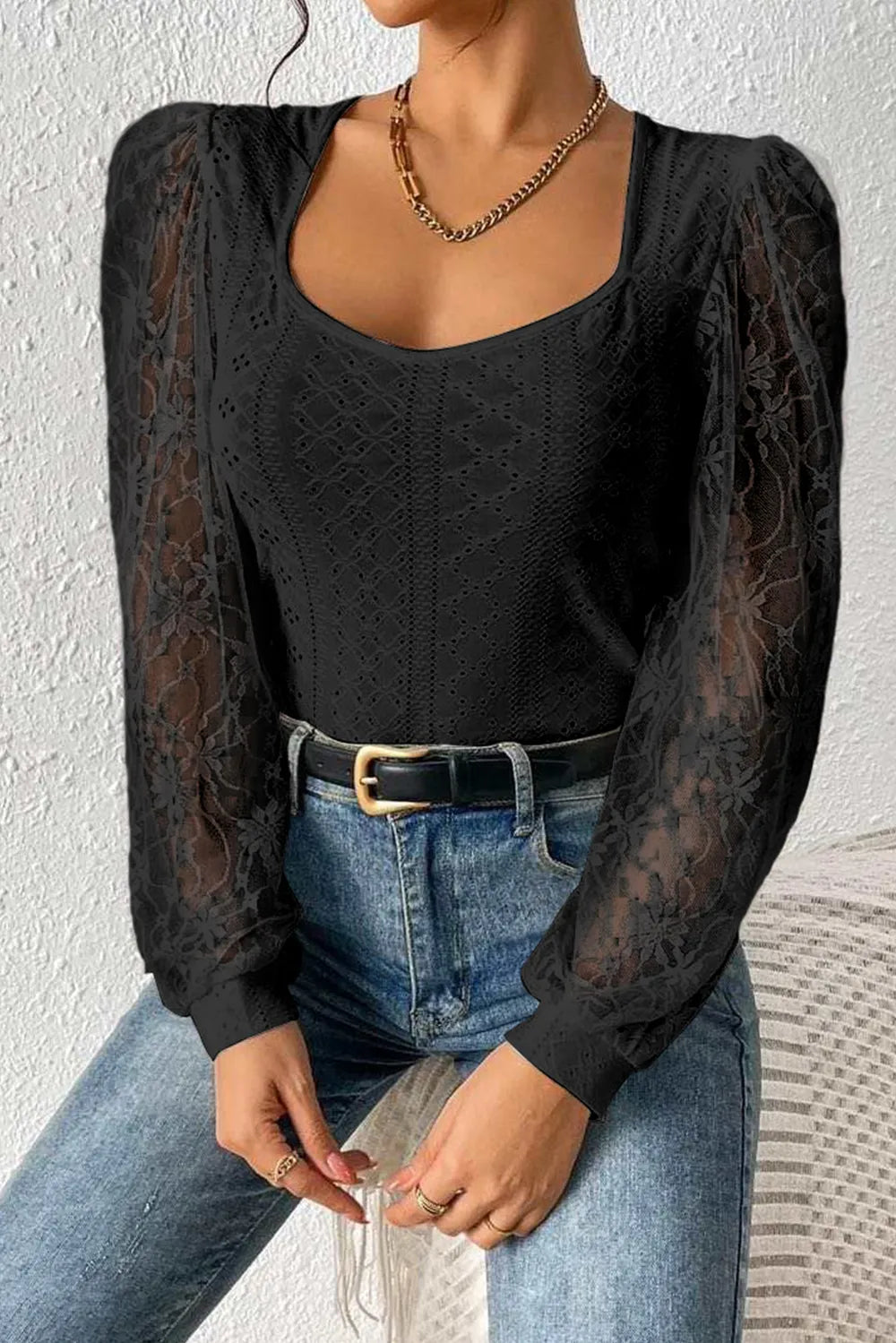 Eyelet Lace Long-Sleeve Bodysuit