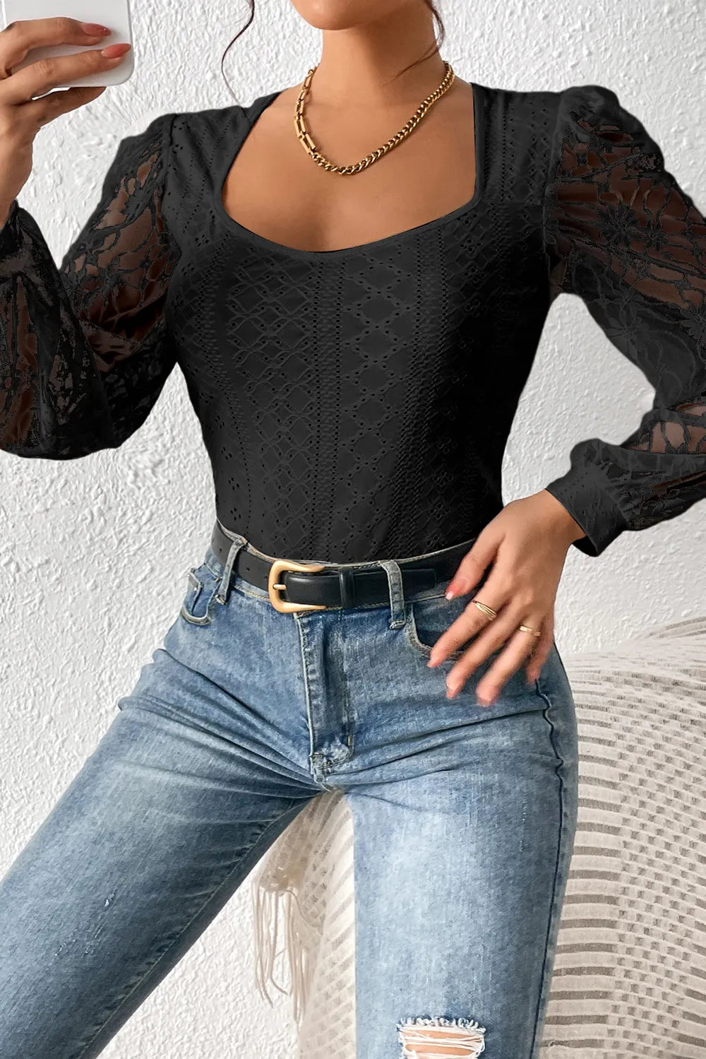 Eyelet Lace Long-Sleeve Bodysuit