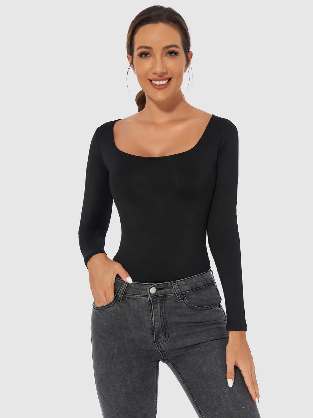 Scoop-neck long-sleeve bodysuit in tan